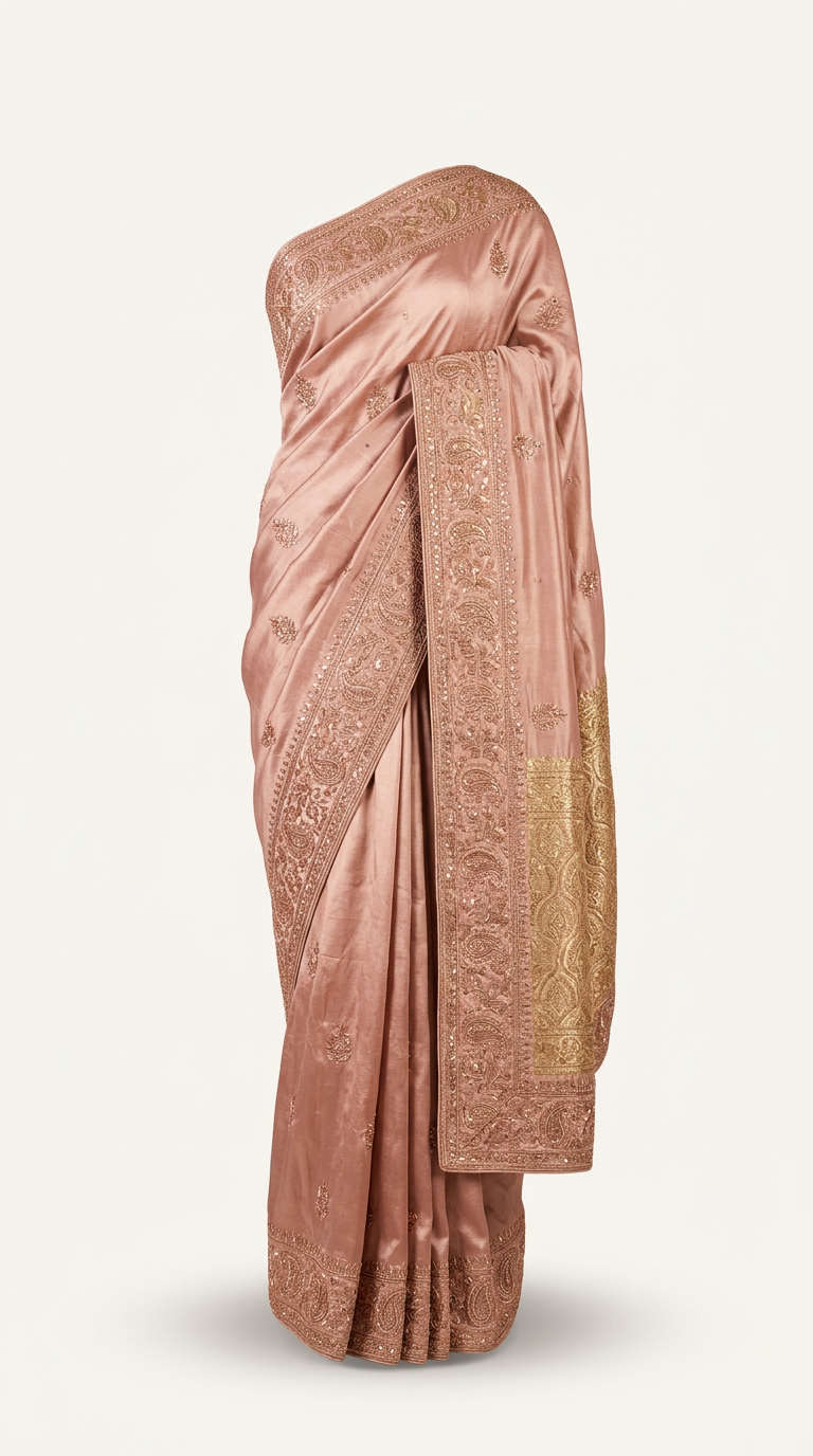 Rose Gold Embroidered Silk Saree