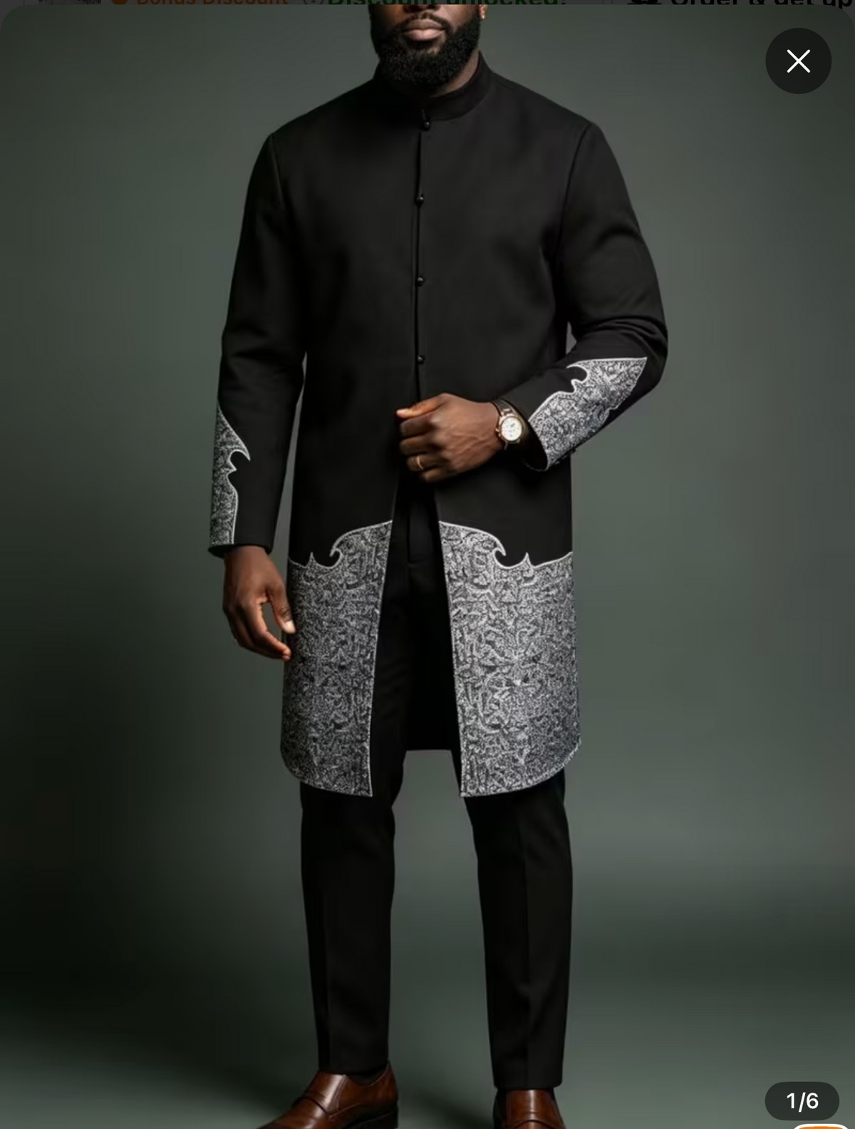 Black Long Coat with Embroidered Trim